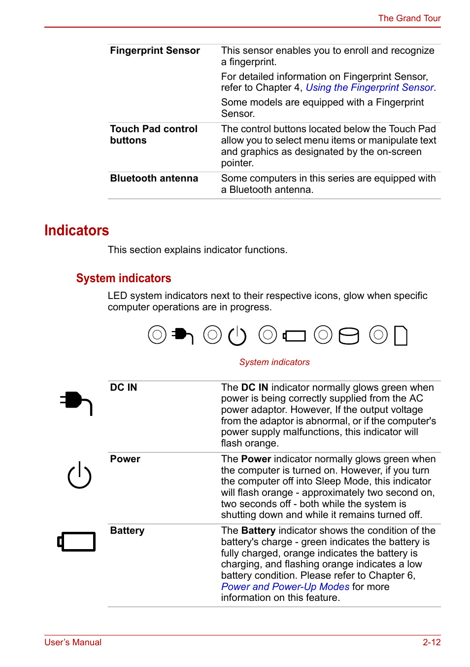 Indicators, Indicators -12, System | System indicators | Toshiba Tecra M11 User Manual | Page 45 / 208