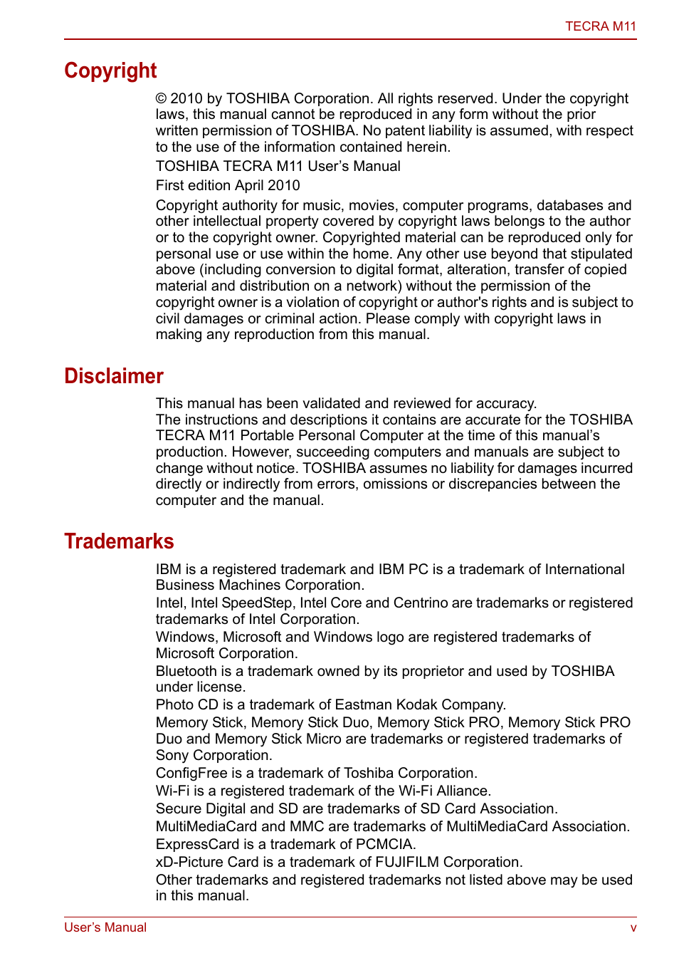Copyright, Disclaimer, Trademarks | Toshiba Tecra M11 User Manual | Page 5 / 208