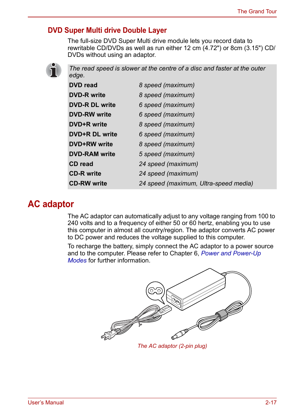 Ac adaptor, Ac adaptor -17, Dvd super multi drive double layer | Toshiba Tecra M11 User Manual | Page 50 / 208