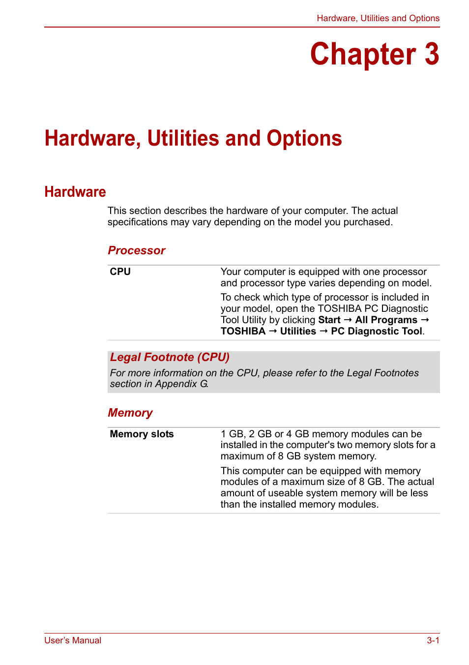 Chapter 3: hardware, utilities and options, Hardware, Chapter 3 | Hardware, utilities and options, Hardware -1, Utilities and options, Apter 3, Hapter 3, Ter 3 | Toshiba Tecra M11 User Manual | Page 52 / 208