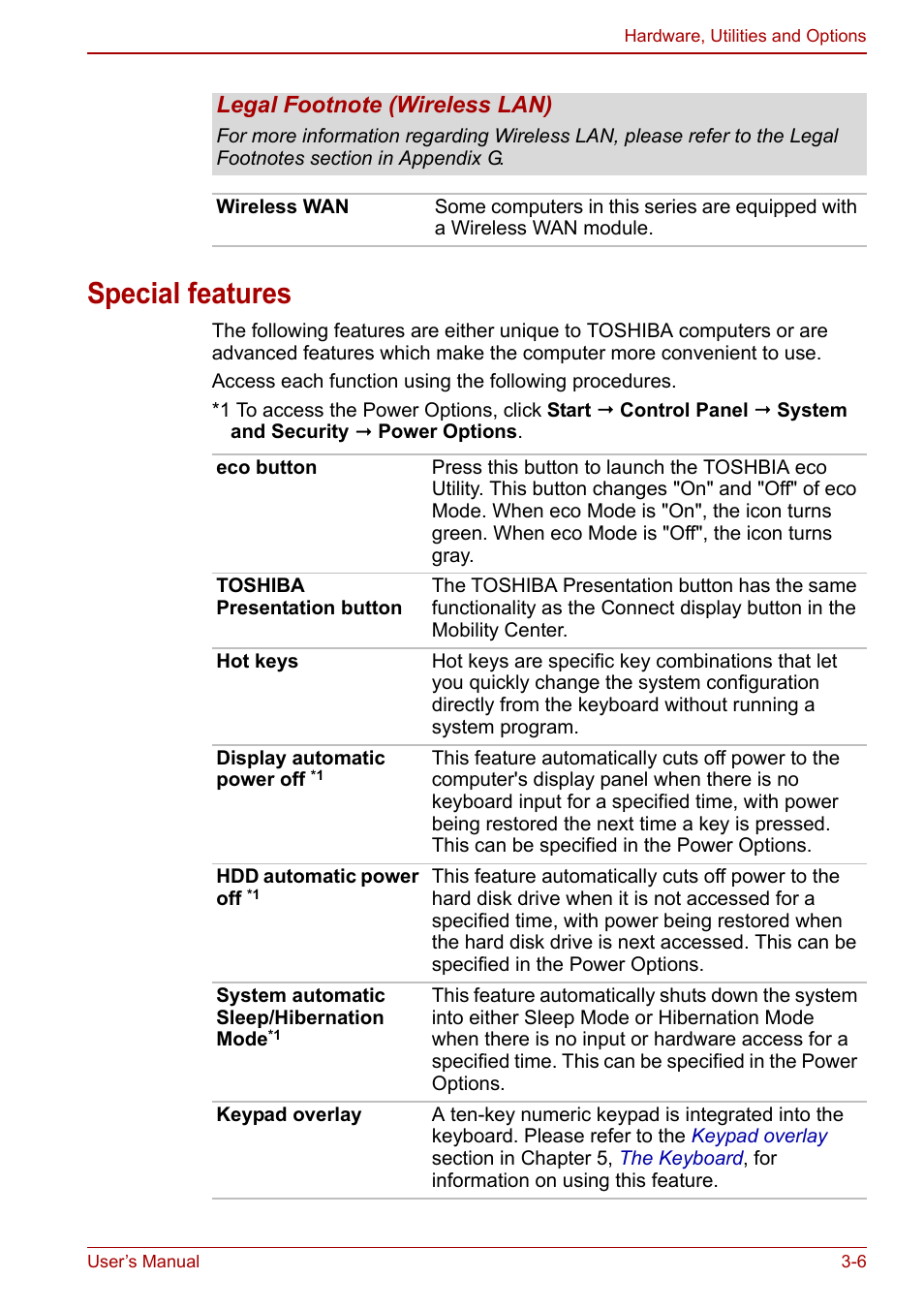 Special features, Special features -6, Special | Features, Section in | Toshiba Tecra M11 User Manual | Page 57 / 208