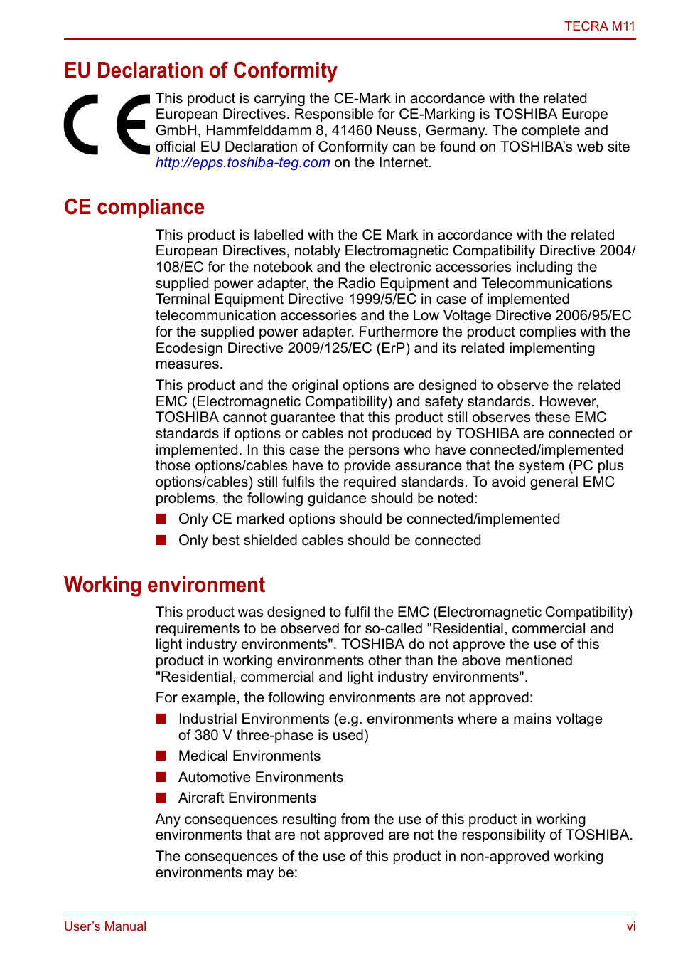 Eu declaration of conformity, Ce compliance, Working environment | Toshiba Tecra M11 User Manual | Page 6 / 208