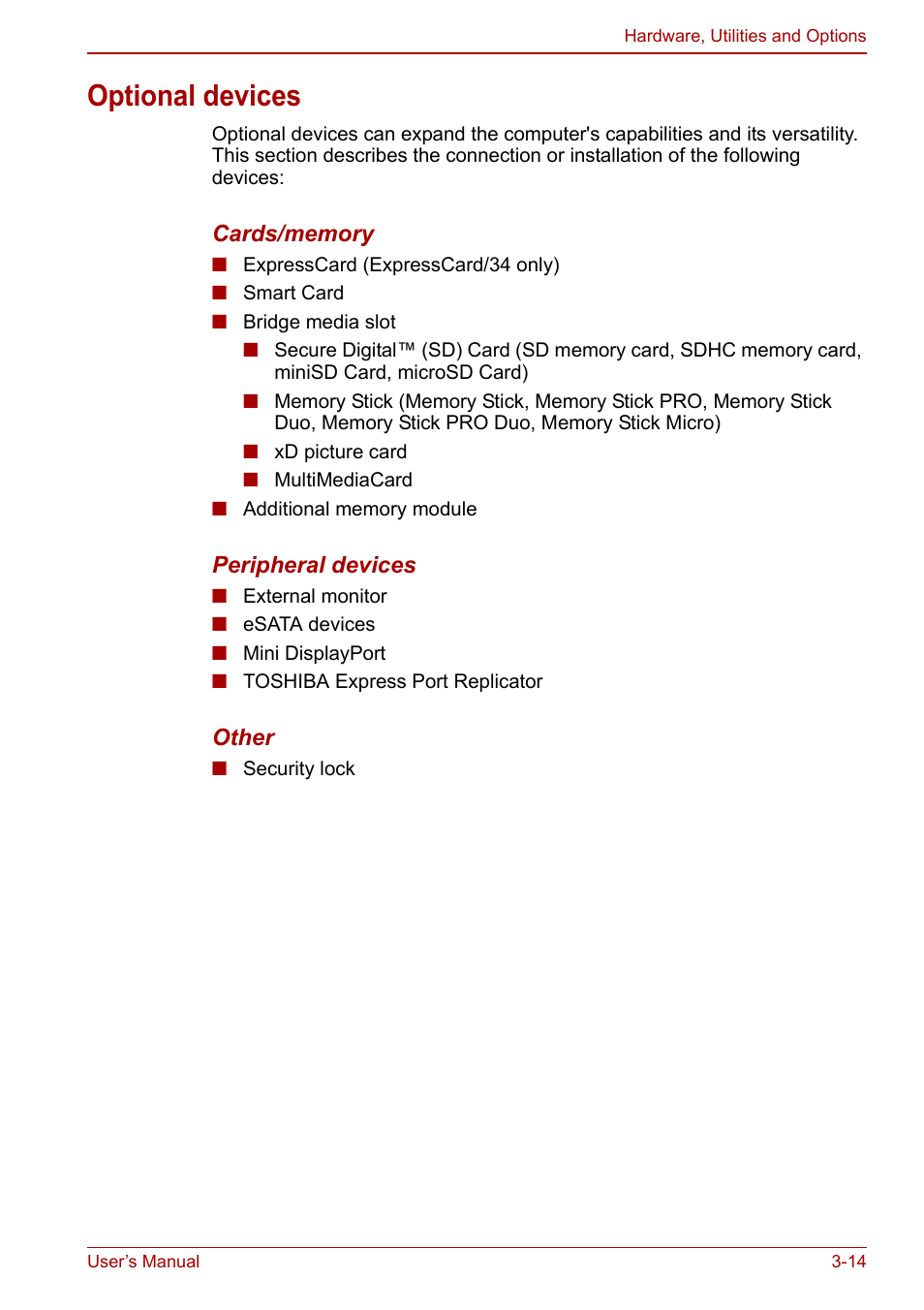 Optional devices, Optional devices -14 | Toshiba Tecra M11 User Manual | Page 65 / 208