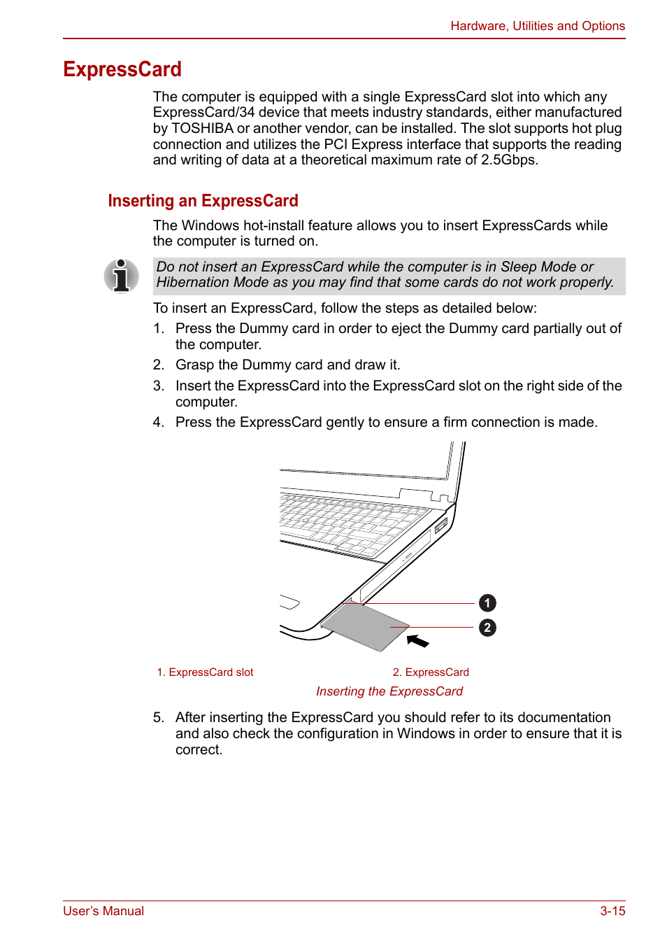 Expresscard, Inserting an expresscard | Toshiba Tecra M11 User Manual | Page 66 / 208