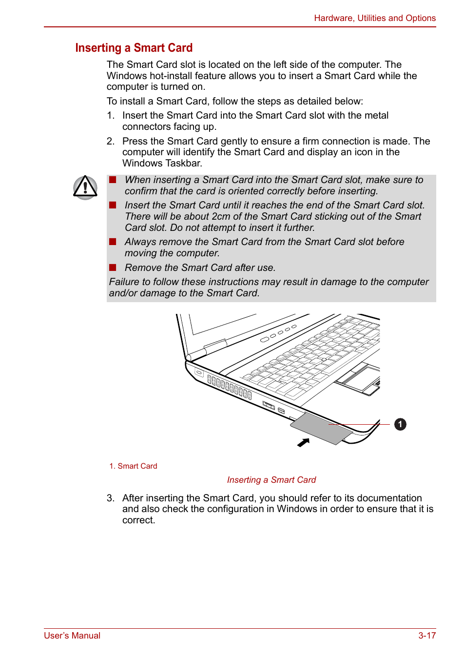 Inserting a smart card | Toshiba Tecra M11 User Manual | Page 68 / 208