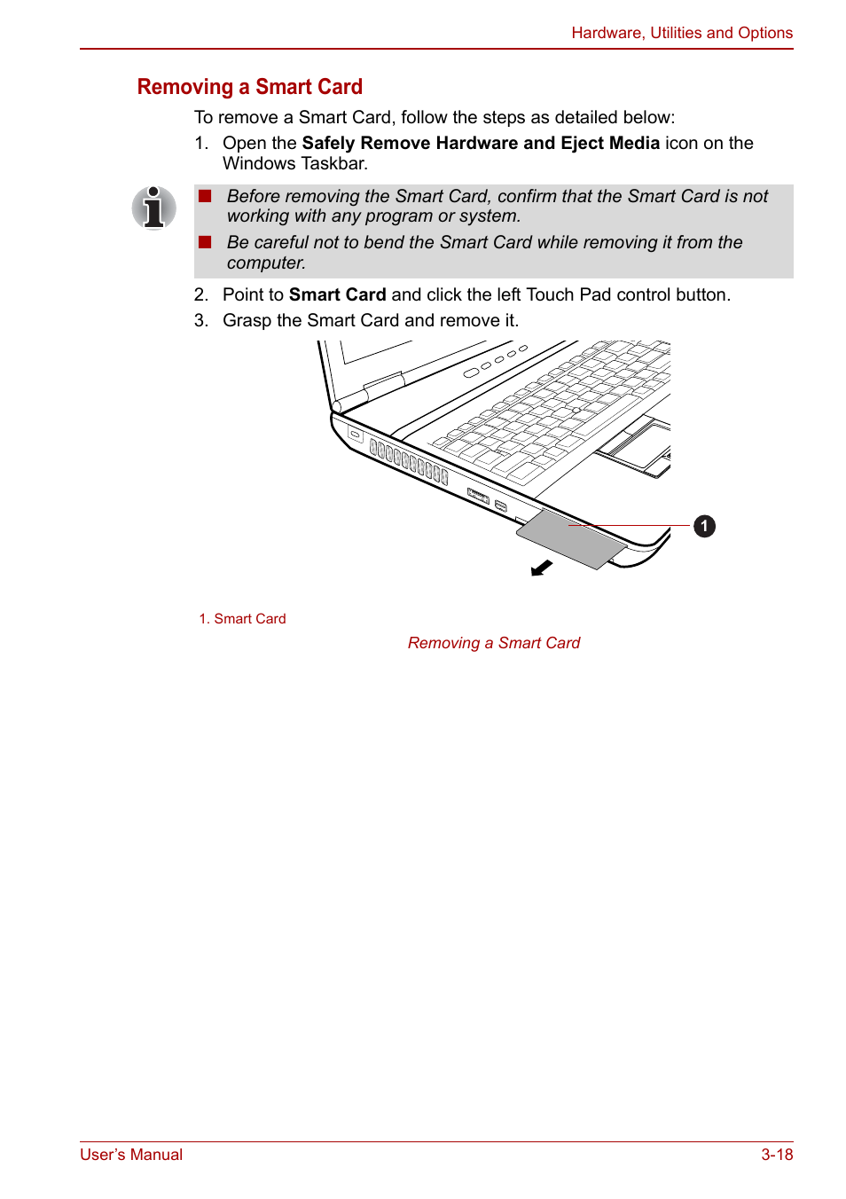 Removing a smart card | Toshiba Tecra M11 User Manual | Page 69 / 208