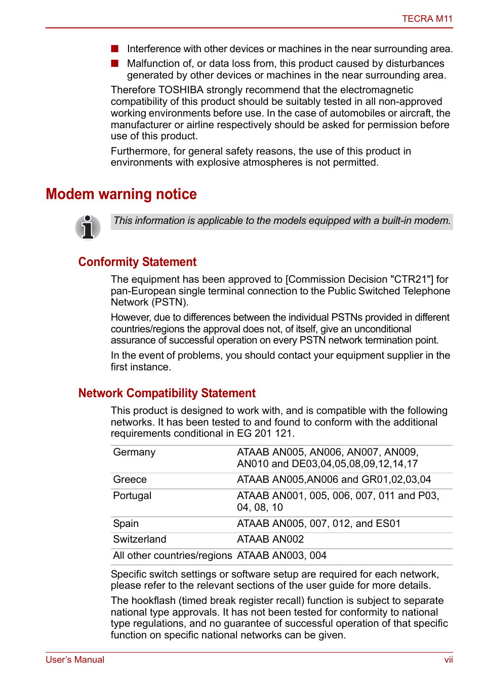 Modem warning notice, Conformity statement, Network compatibility statement | Toshiba Tecra M11 User Manual | Page 7 / 208