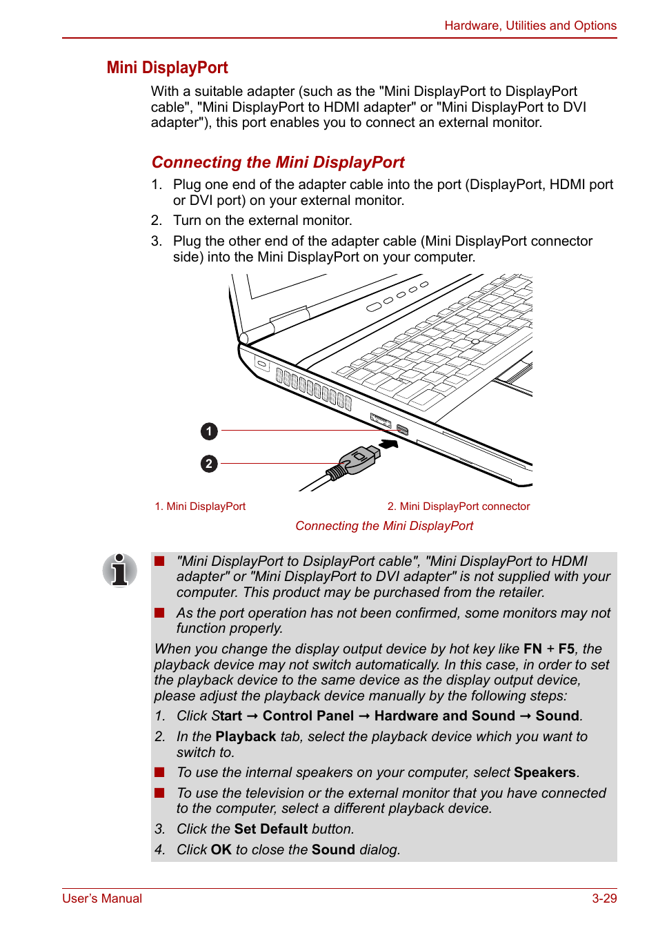 Mini displayport, Connecting the mini displayport | Toshiba Tecra M11 User Manual | Page 80 / 208