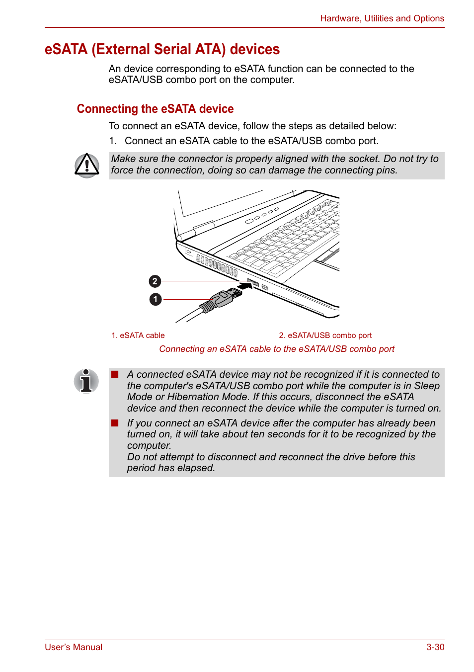 Esata (external serial ata) devices, Connecting the esata device | Toshiba Tecra M11 User Manual | Page 81 / 208