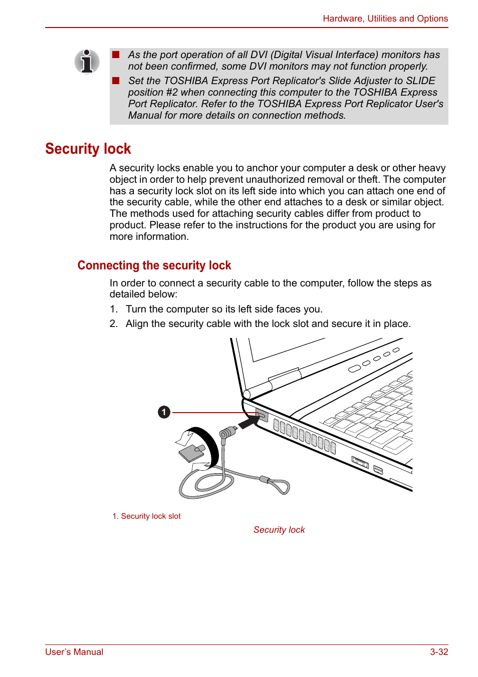 Security lock, Security lock -32, Connecting the security lock | Toshiba Tecra M11 User Manual | Page 83 / 208