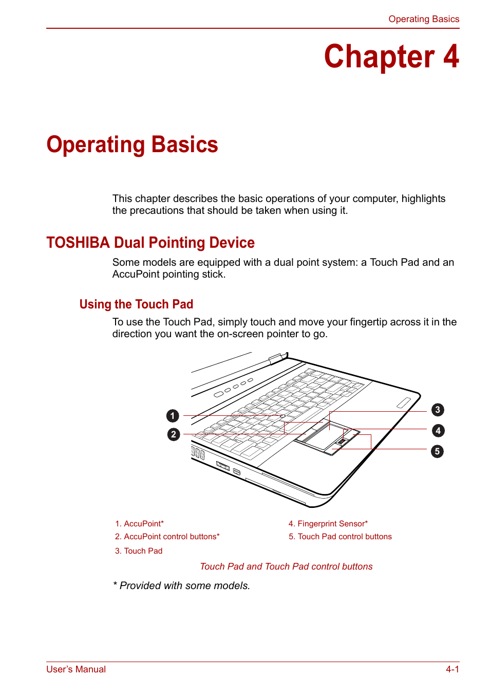 Chapter 4: operating basics, Toshiba dual pointing device, Chapter 4 | Operating basics, Toshiba dual pointing device -1, Operating, Basics, Ter 4, Using, The touch pad | Toshiba Tecra M11 User Manual | Page 85 / 208