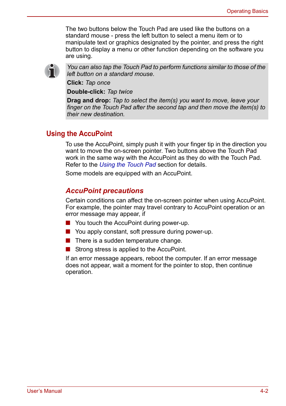 Using the accupoint, Section in | Toshiba Tecra M11 User Manual | Page 86 / 208