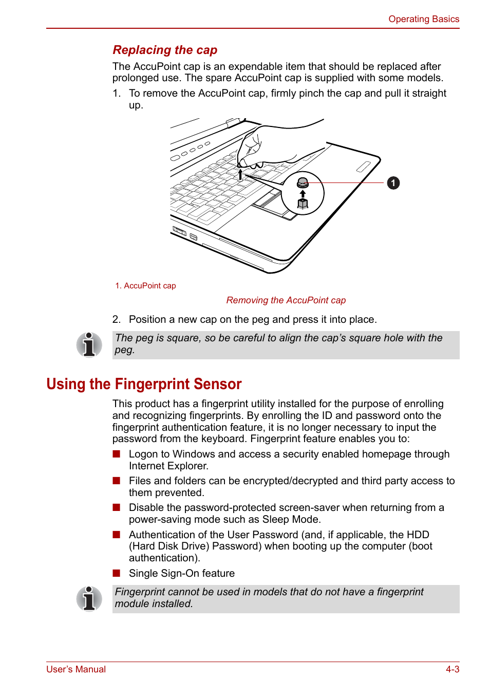 Using the fingerprint sensor, Using the fingerprint sensor -3, Apter 4 | Toshiba Tecra M11 User Manual | Page 87 / 208