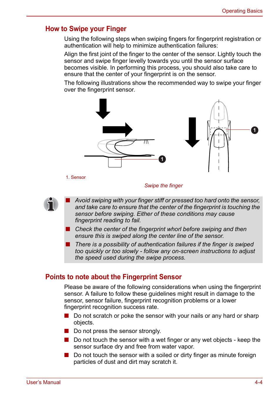 How to swipe your finger | Toshiba Tecra M11 User Manual | Page 88 / 208