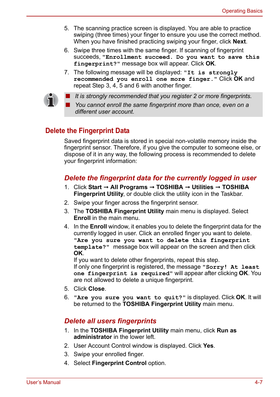 Delete the fingerprint data | Toshiba Tecra M11 User Manual | Page 91 / 208