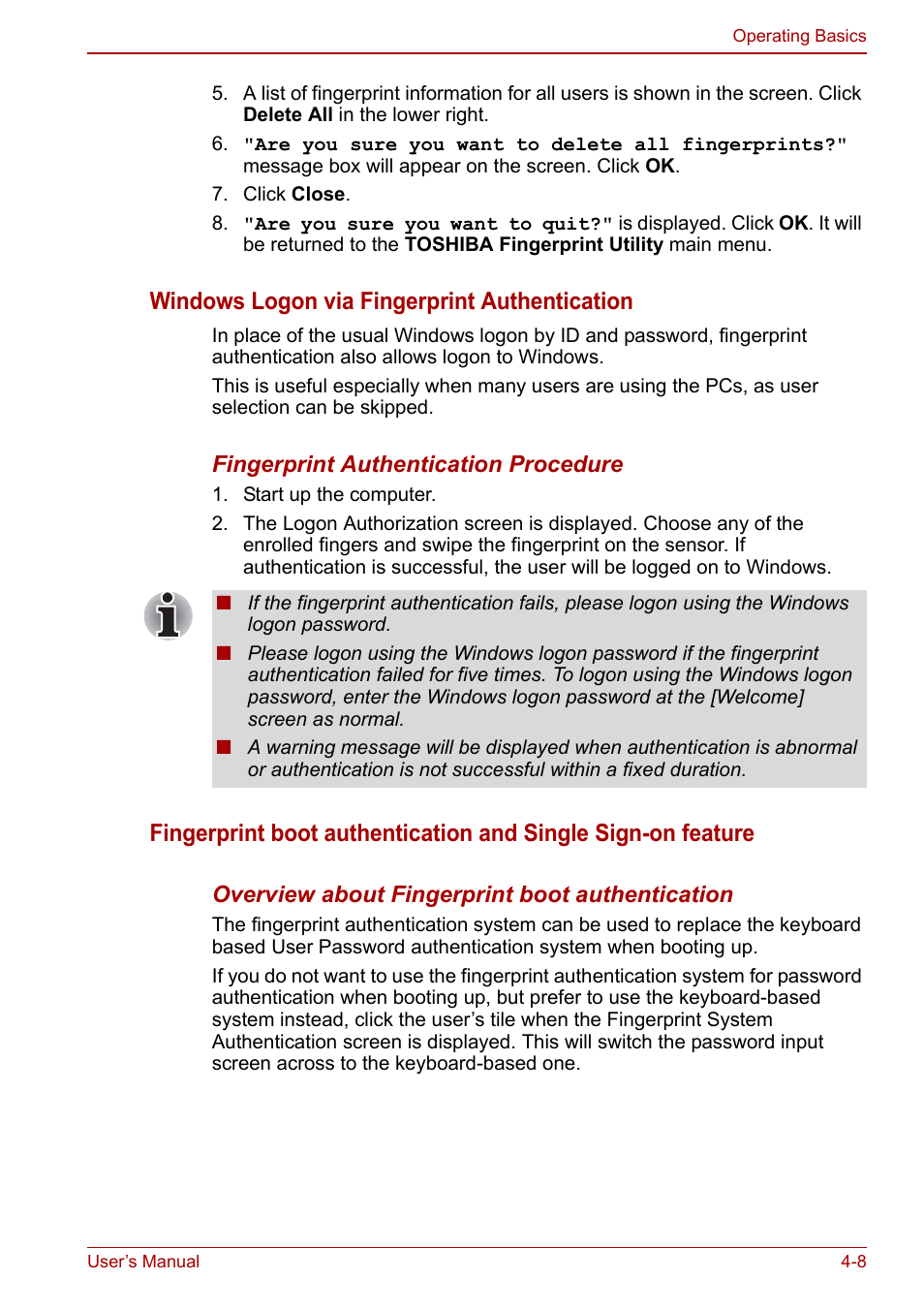 Windows logon via fingerprint authentication | Toshiba Tecra M11 User Manual | Page 92 / 208