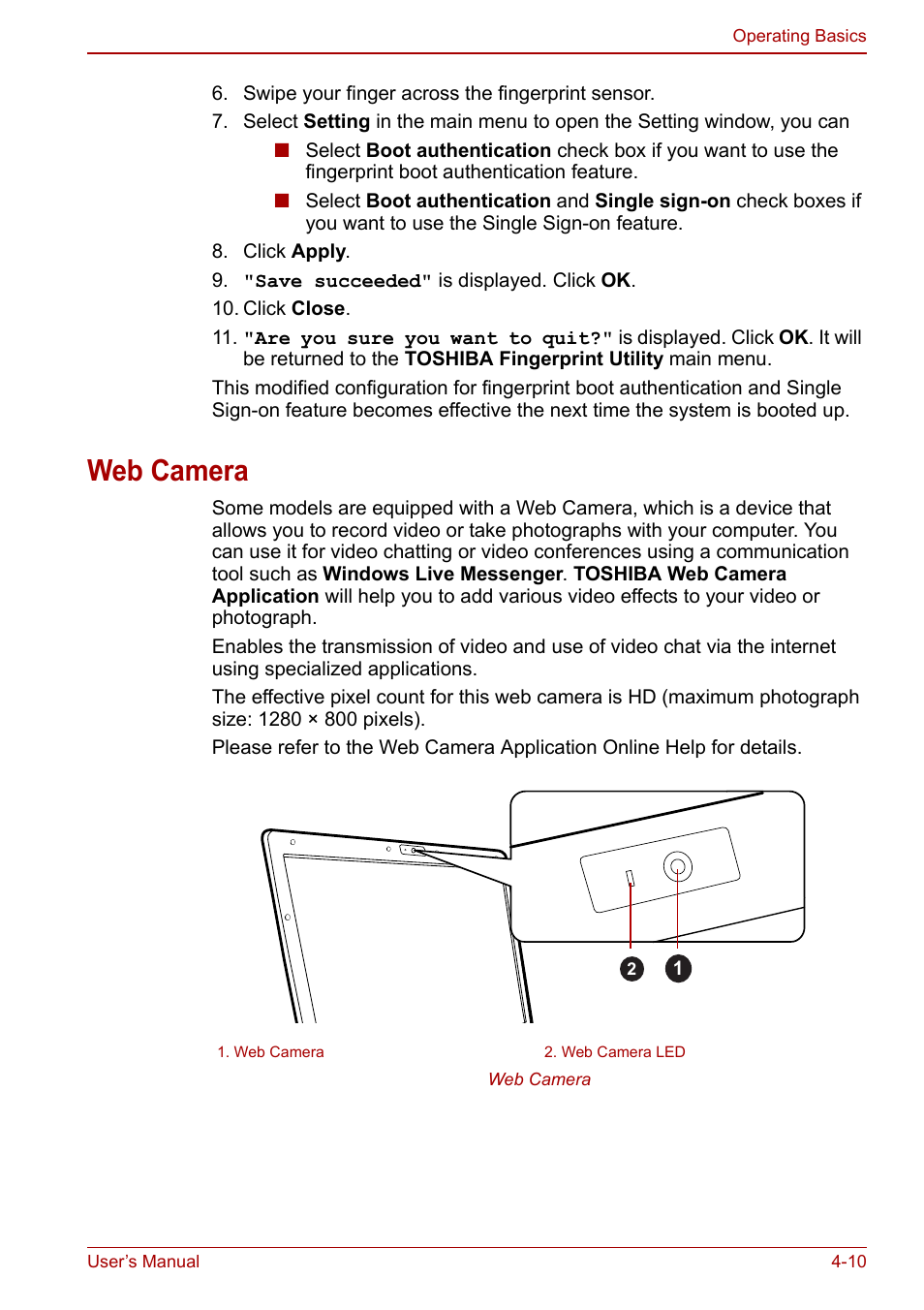 Web camera, Web camera -10 | Toshiba Tecra M11 User Manual | Page 94 / 208