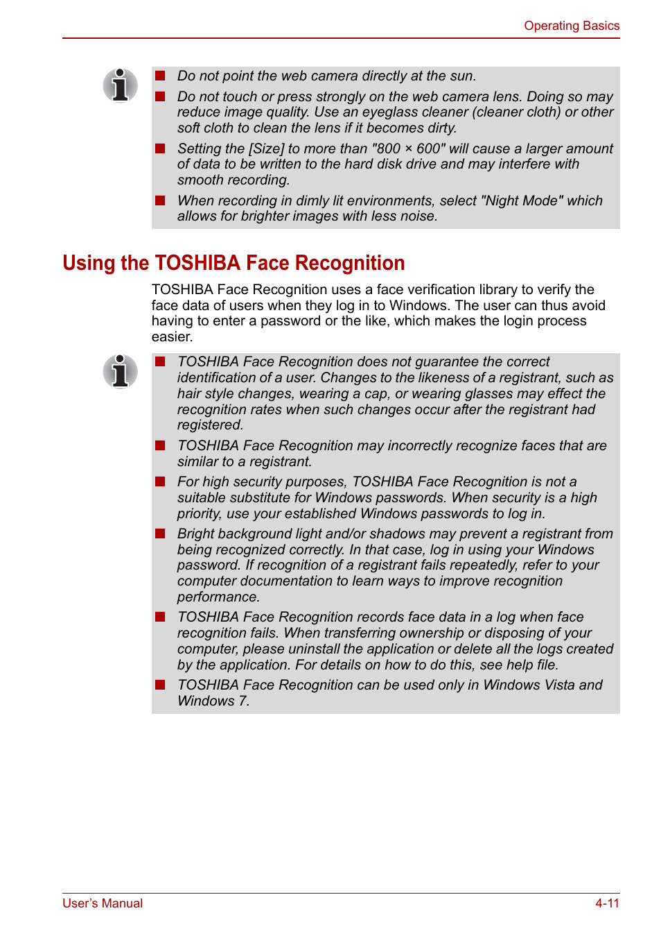 Using the toshiba face recognition, Using the toshiba face recognition -11, To the | Using, The toshiba face recognition, Section | Toshiba Tecra M11 User Manual | Page 95 / 208