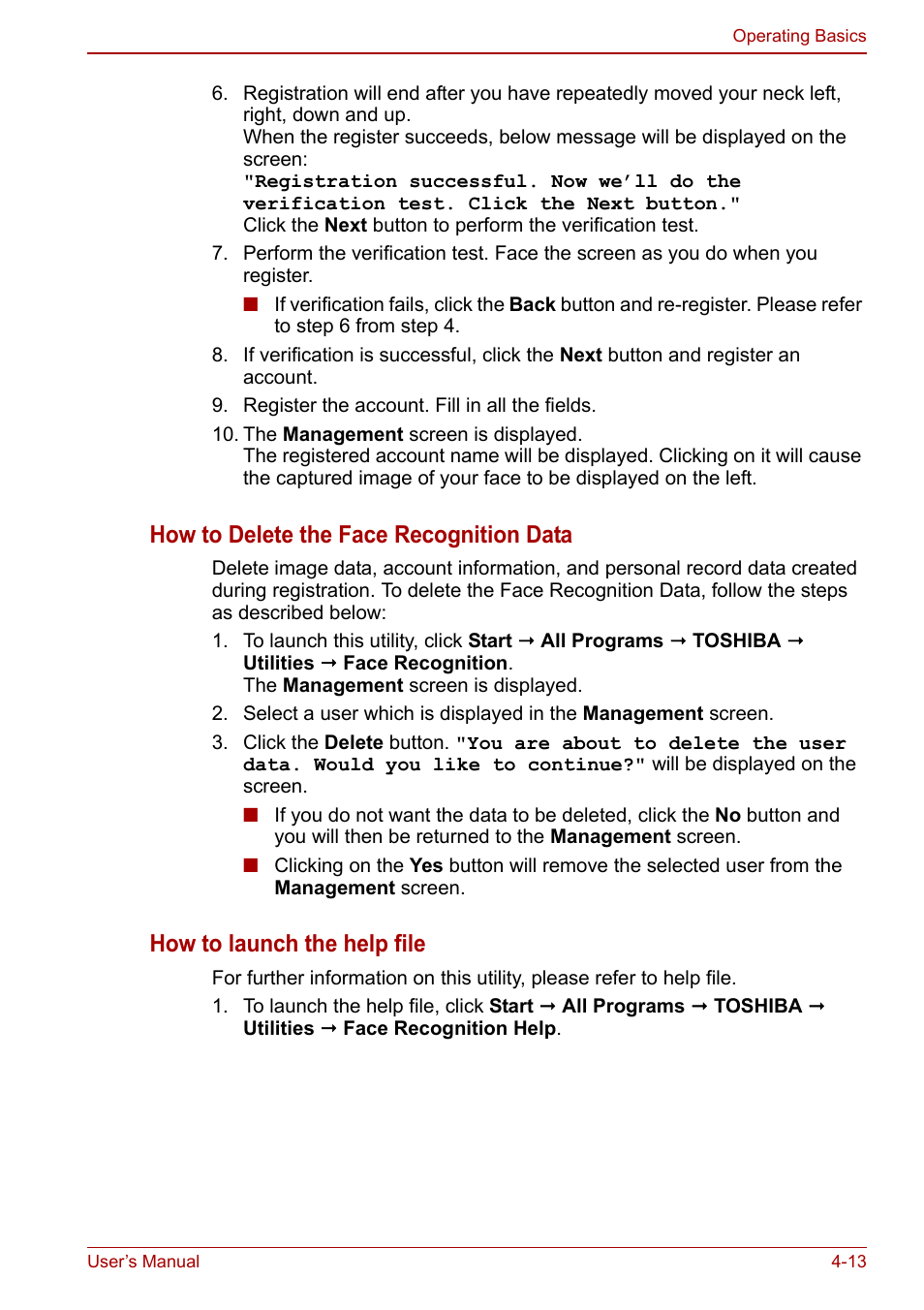 How to delete the face recognition data, How to launch the help file | Toshiba Tecra M11 User Manual | Page 97 / 208