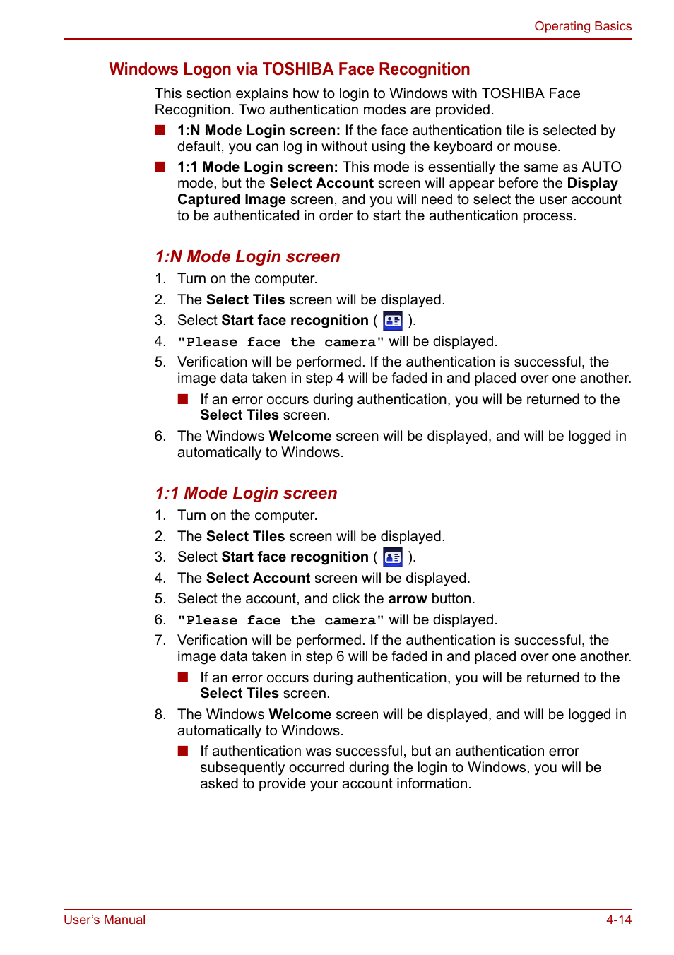 Windows logon via toshiba face recognition | Toshiba Tecra M11 User Manual | Page 98 / 208