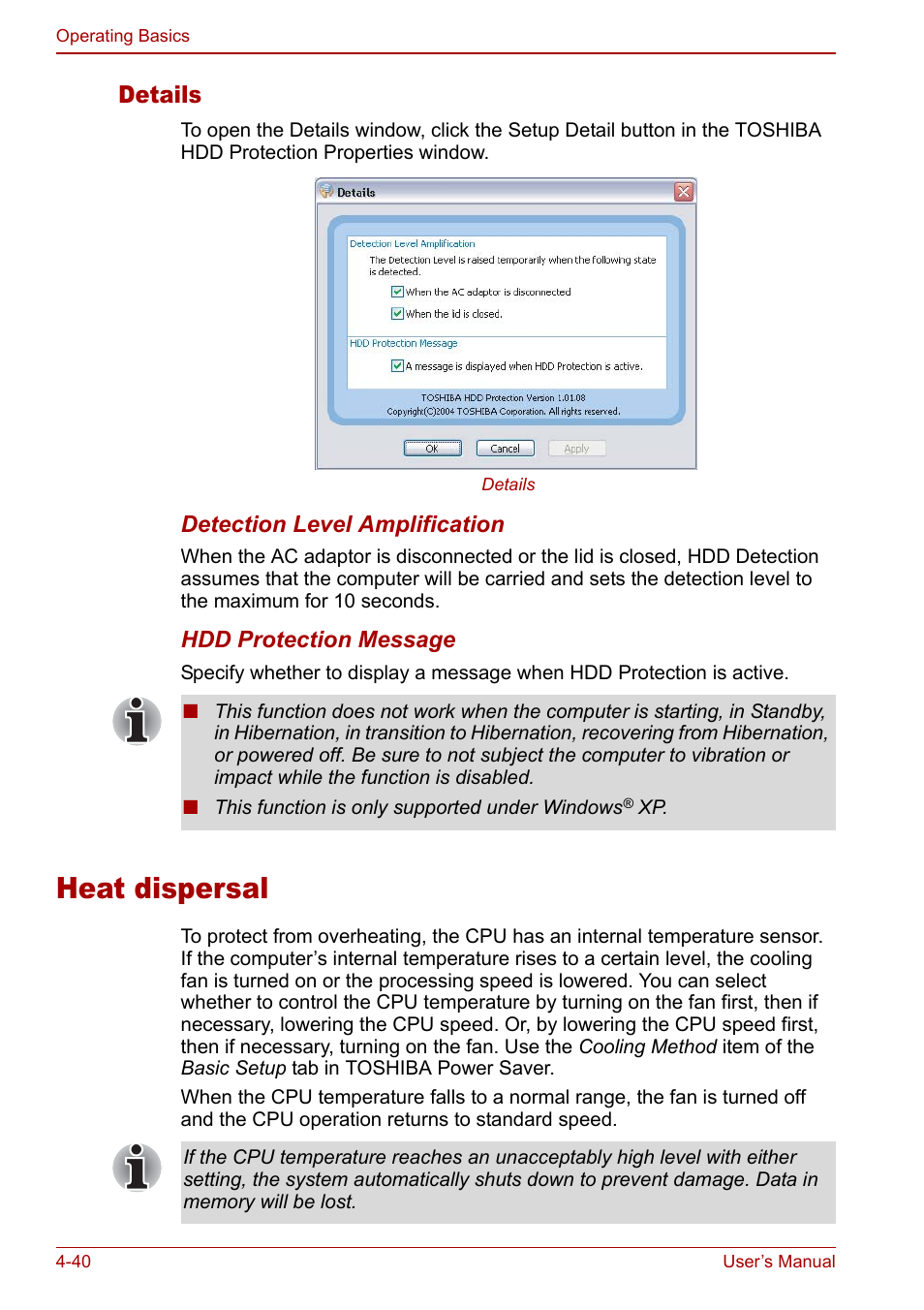 Heat dispersal, Heat dispersal -40, Details | Toshiba M5 User Manual | Page 102 / 240