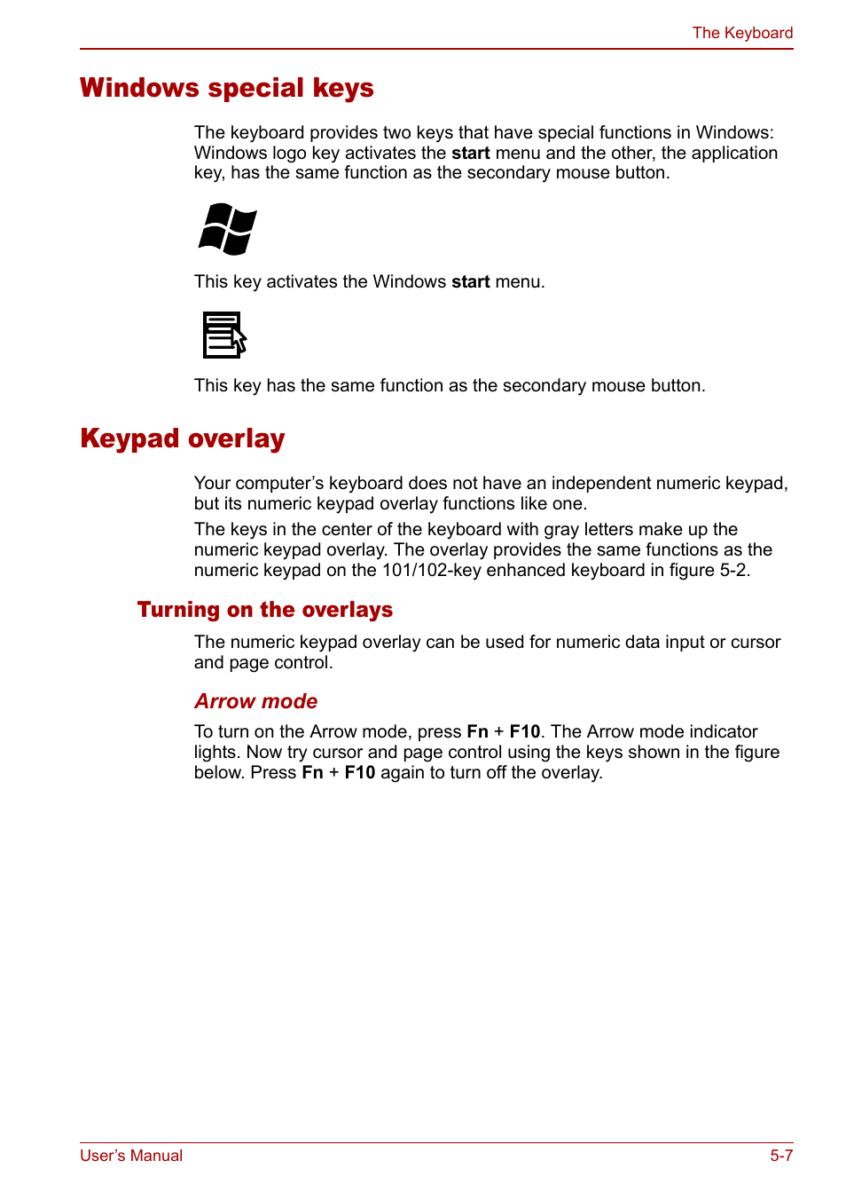 Windows special keys, Keypad overlay, Windows special keys -7 keypad overlay -7 | Section, Keypad, Overlay, Secti | Toshiba M5 User Manual | Page 109 / 240