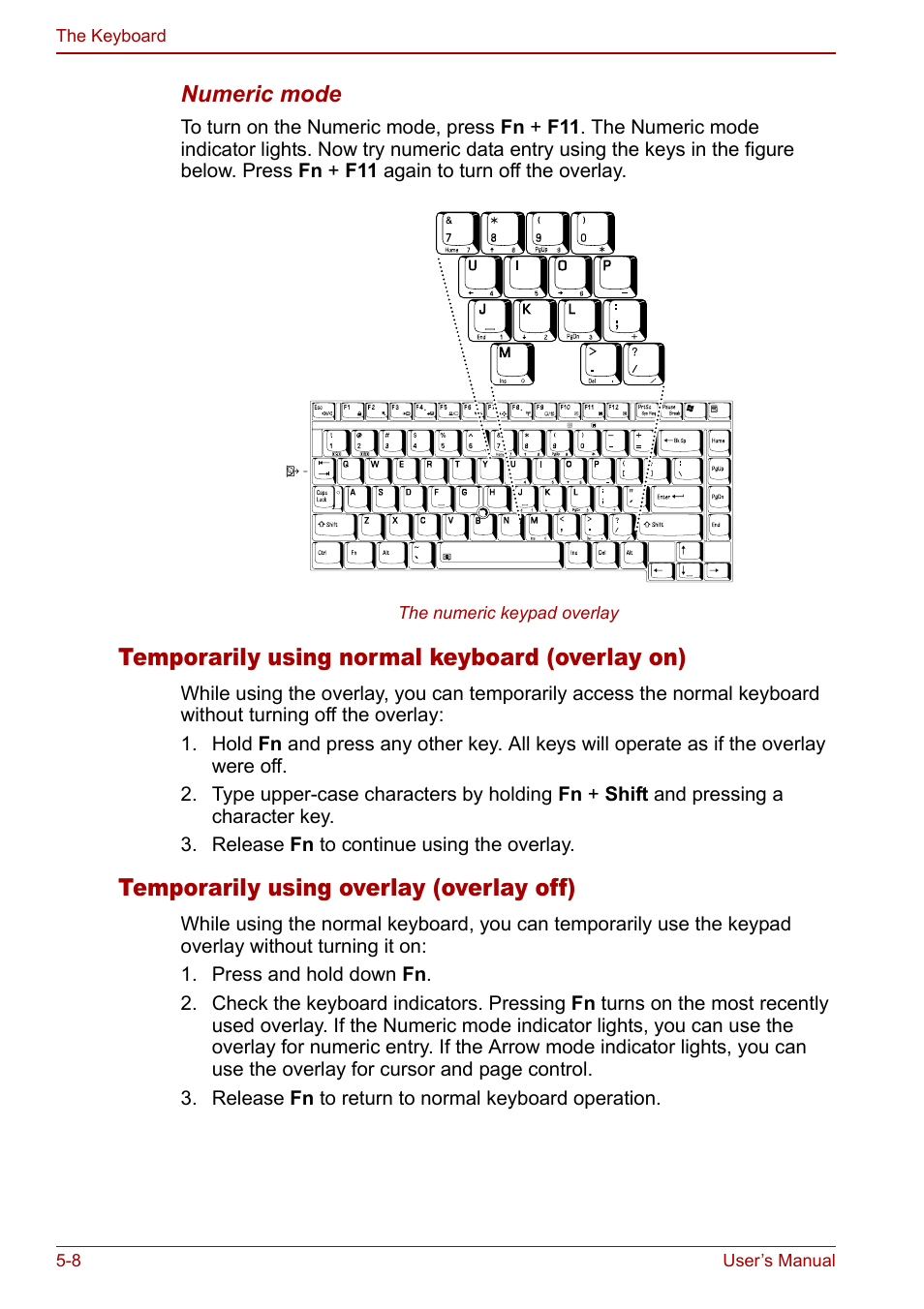 Temporarily using normal keyboard (overlay on), Temporarily using overlay (overlay off) | Toshiba M5 User Manual | Page 110 / 240