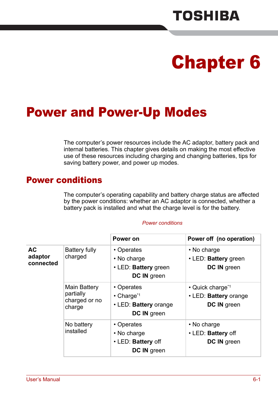 Chapter 6 - power and power-up modes, Power conditions, Chapter 6 | Power and power-up modes, Power conditions -1, Power and power-up, Modes | Toshiba M5 User Manual | Page 113 / 240