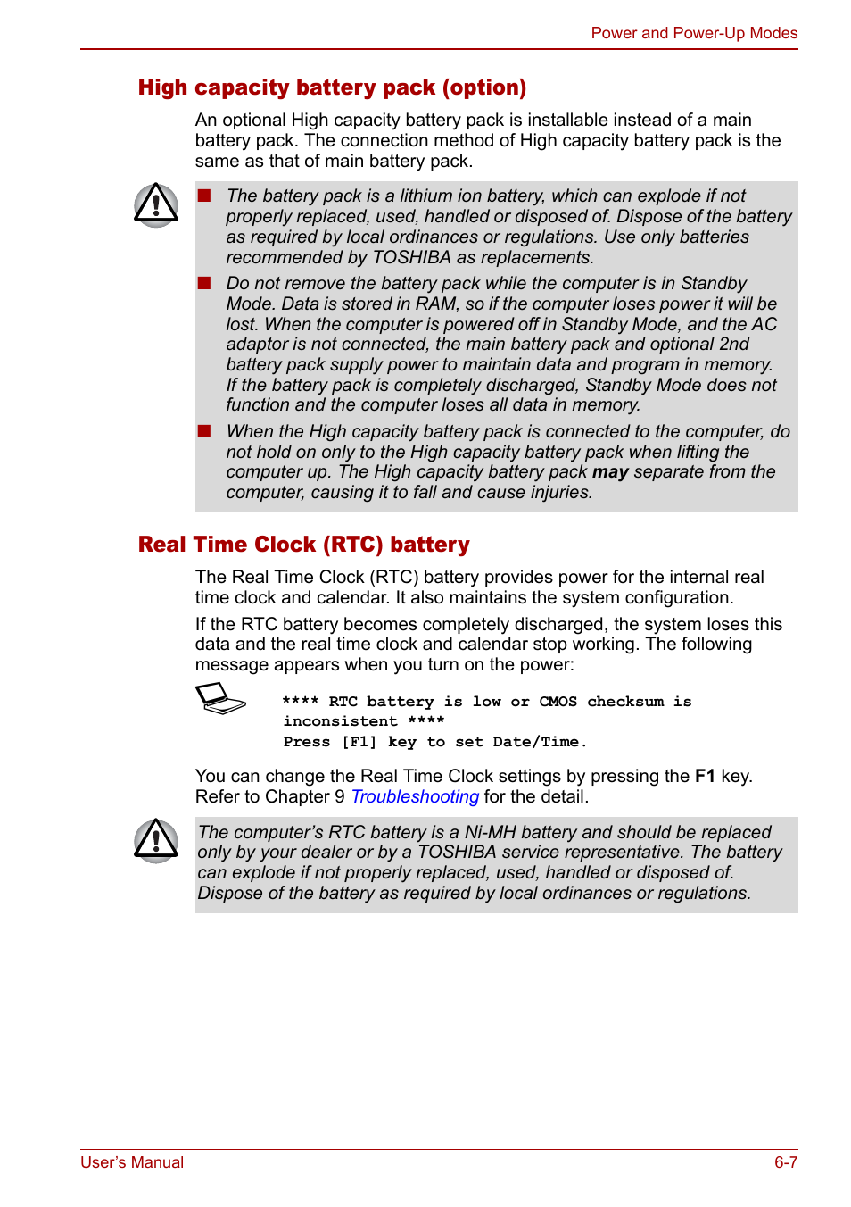 High capacity battery pack (option), Real time clock (rtc) battery | Toshiba M5 User Manual | Page 119 / 240