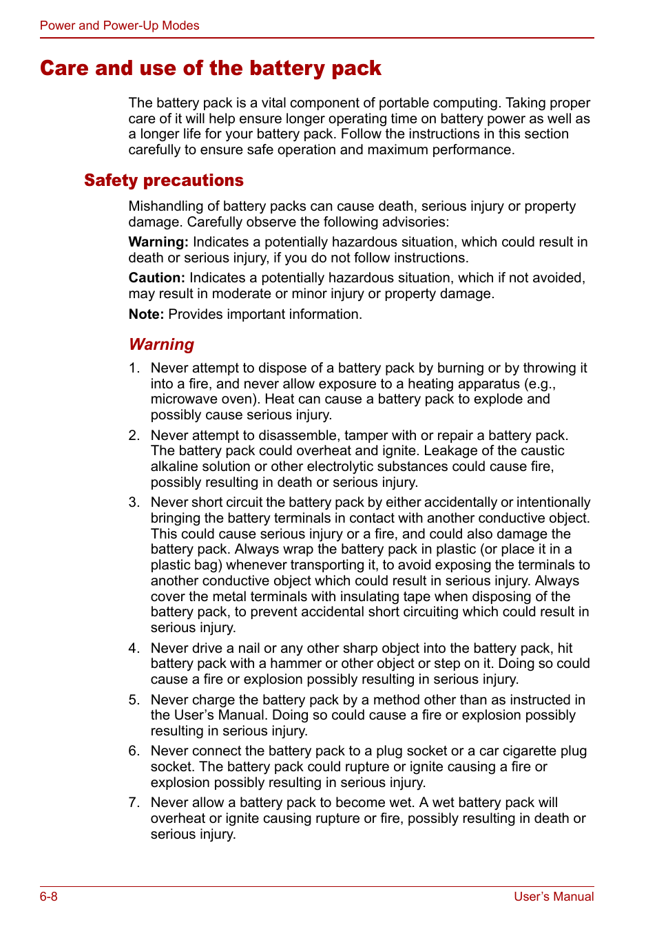 Care and use of the battery pack, Care and use of the battery pack -8, Safety precautions | Toshiba M5 User Manual | Page 120 / 240