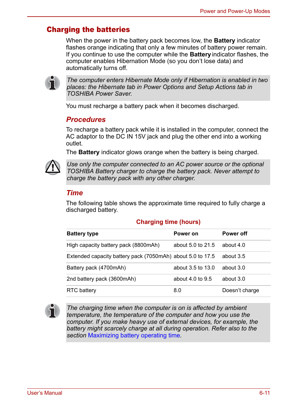 Charging the batteries, Procedures, Time | Toshiba M5 User Manual | Page 123 / 240