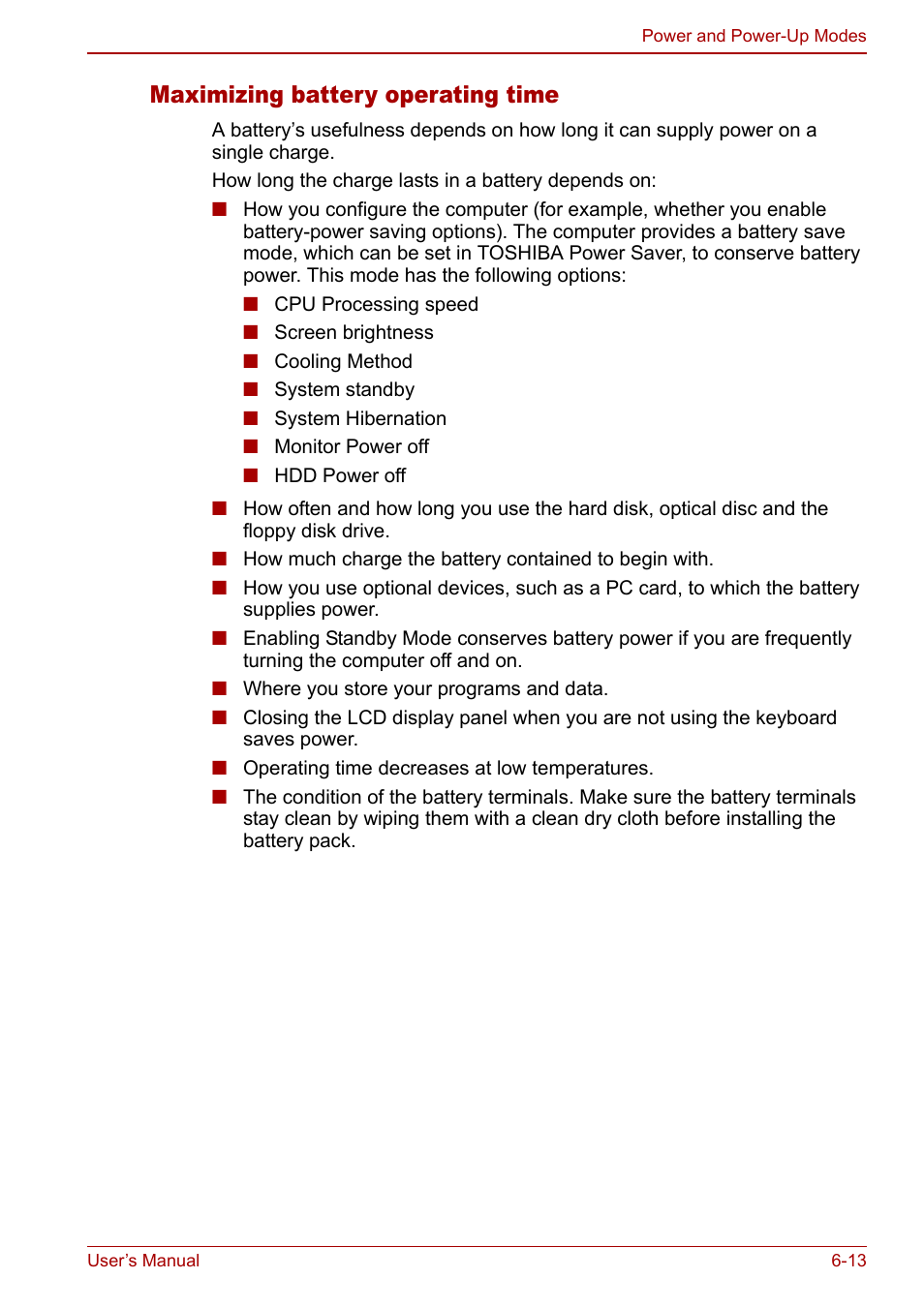 Maximizing battery operating time | Toshiba M5 User Manual | Page 125 / 240