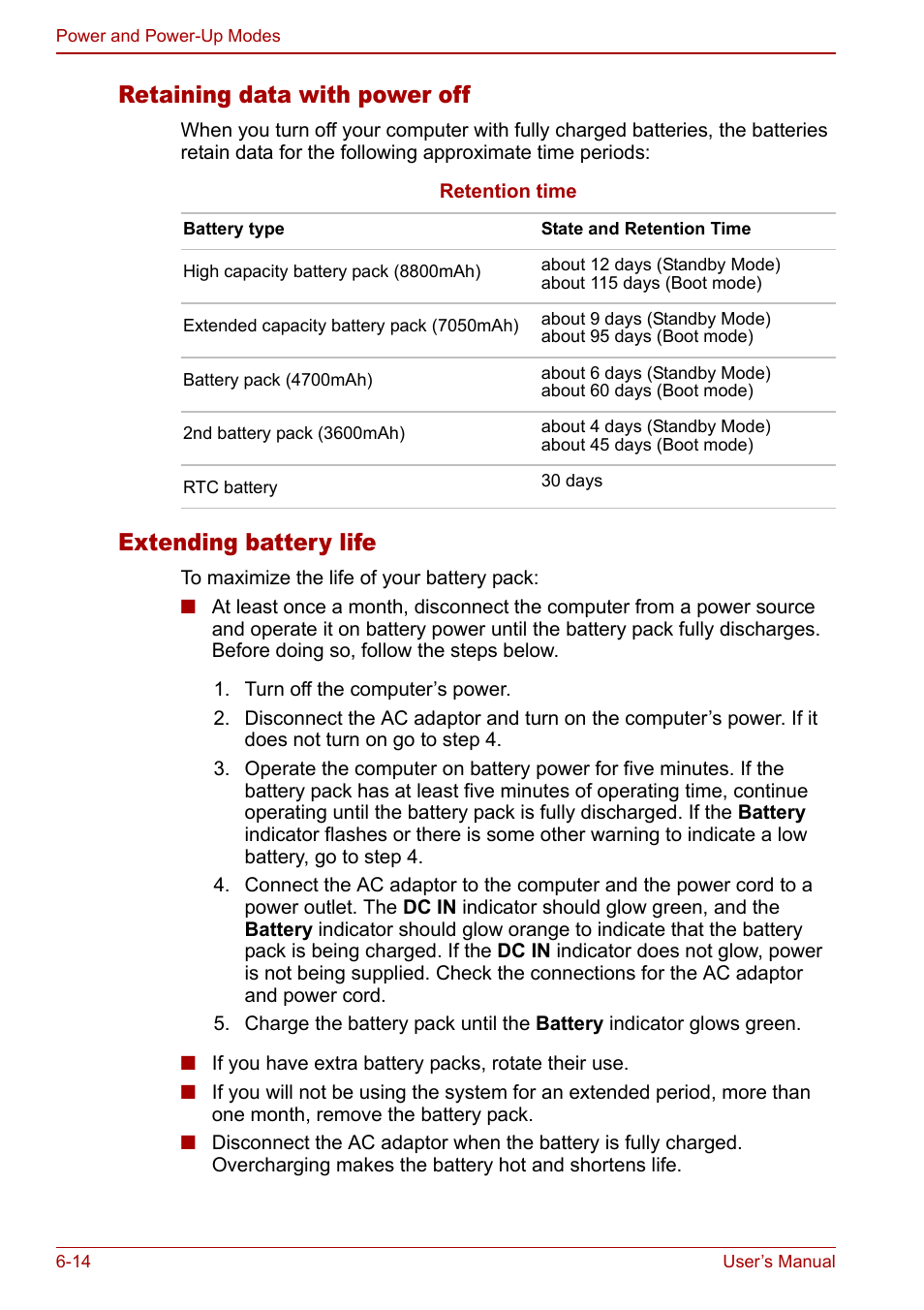 Retaining data with power off, Extending battery life | Toshiba M5 User Manual | Page 126 / 240