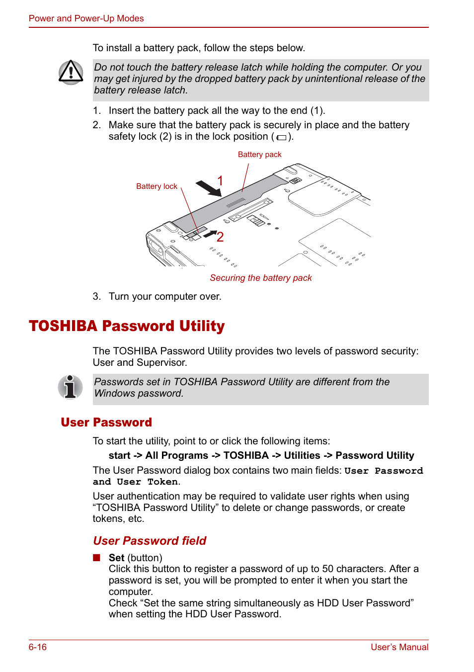 Toshiba password utility, Toshiba password utility -16, User password | Toshiba M5 User Manual | Page 128 / 240