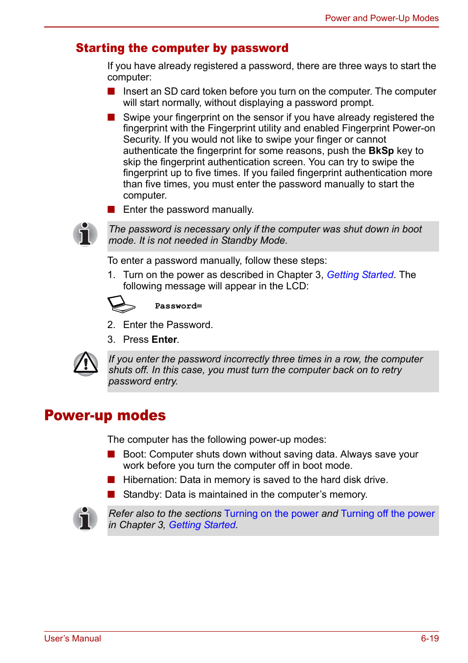 Power-up modes, Power-up modes -19, Starting the computer by password | Toshiba M5 User Manual | Page 131 / 240