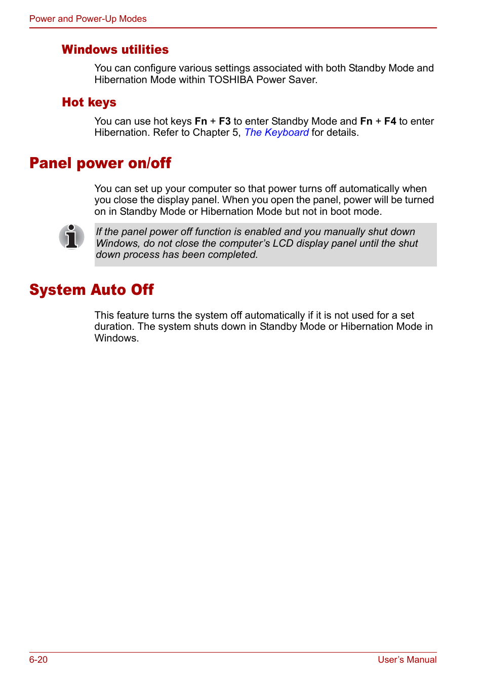 Panel power on/off, System auto off, Panel power on/off -20 system auto off -20 | Toshiba M5 User Manual | Page 132 / 240