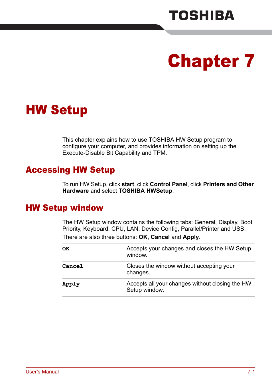 Chapter 7 - hw setup, Accessing hw setup, Hw setup window | Chapter 7, Hw setup, Accessing hw setup -1 hw setup window -1 | Toshiba M5 User Manual | Page 133 / 240