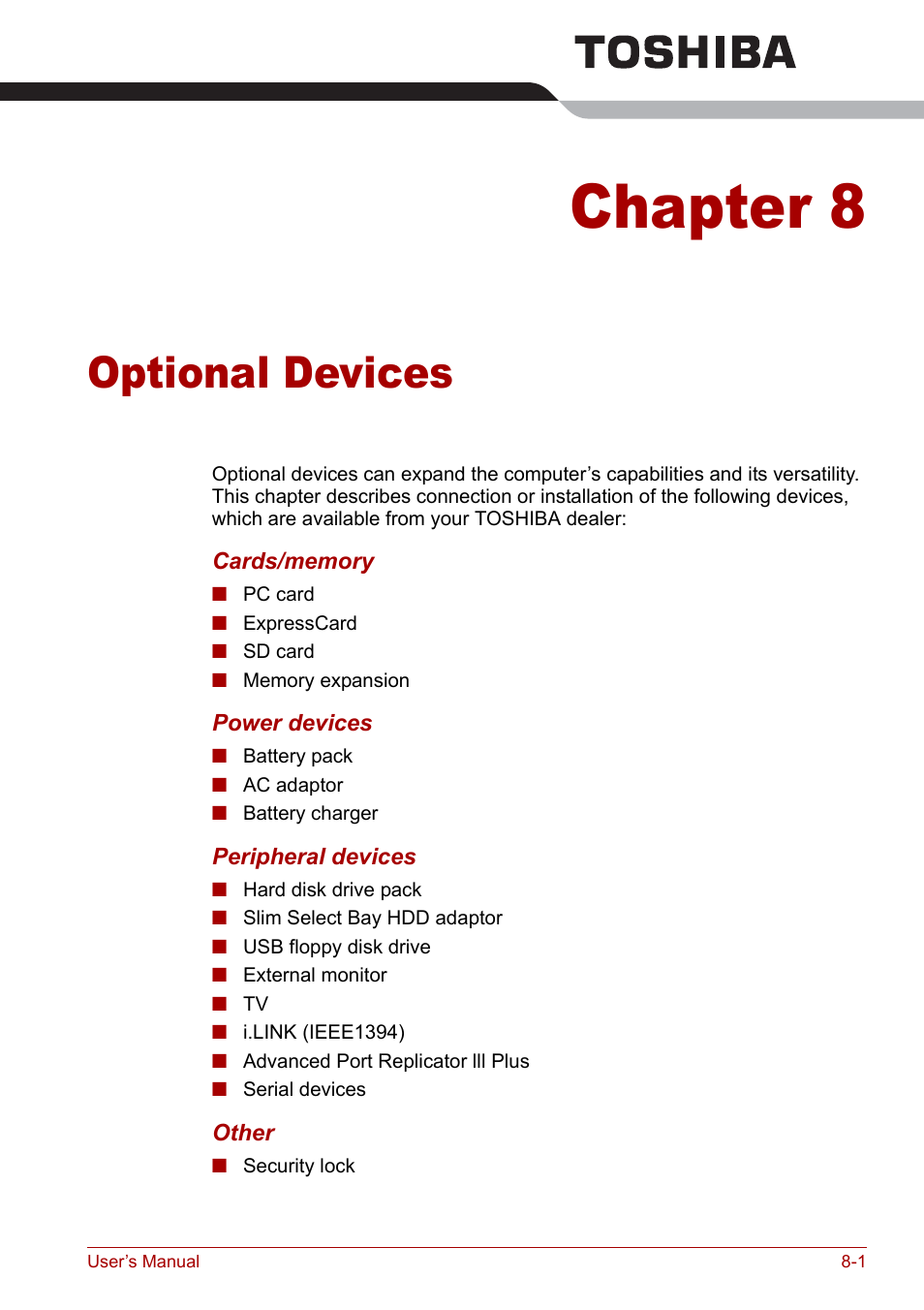 Chapter 8 - optional devices, Chapter 8, Optional devices | Ter 8 | Toshiba M5 User Manual | Page 145 / 240