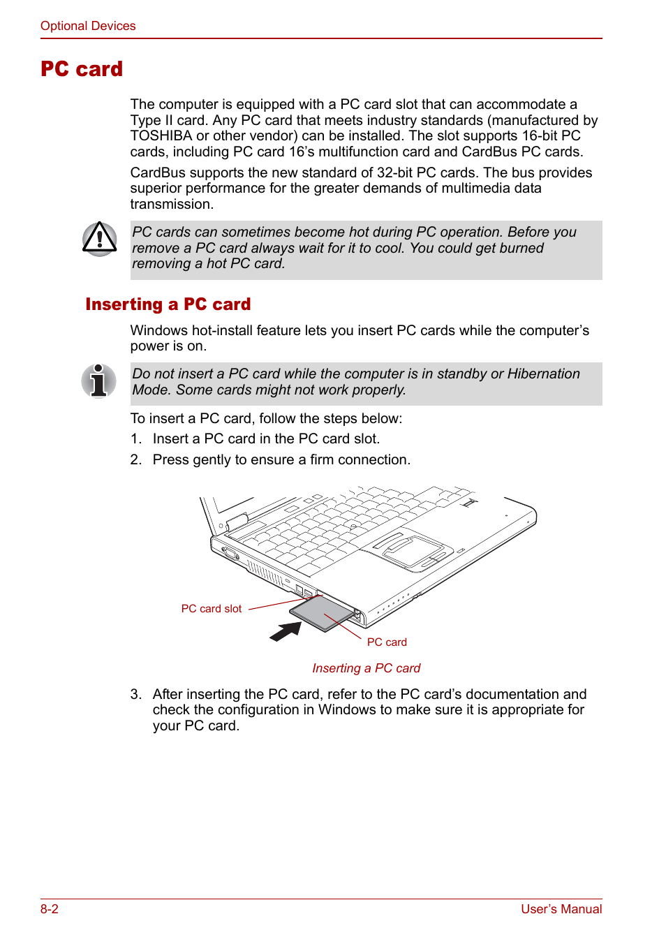 Pc card, Pc card -2, Inserting a pc card | Toshiba M5 User Manual | Page 146 / 240