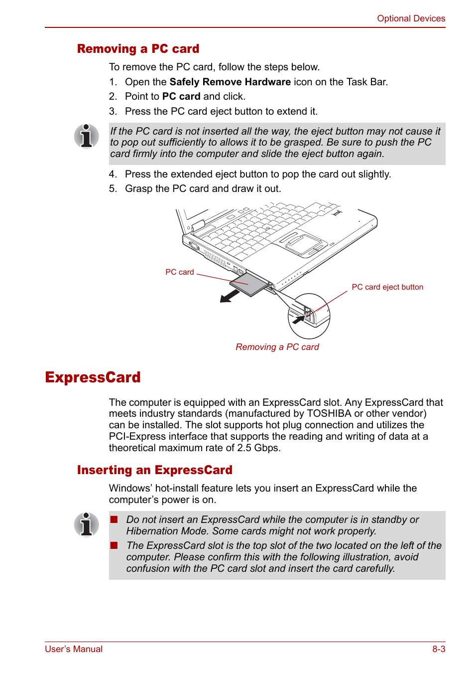 Expresscard, Expresscard -3, Removing a pc card | Inserting an expresscard | Toshiba M5 User Manual | Page 147 / 240