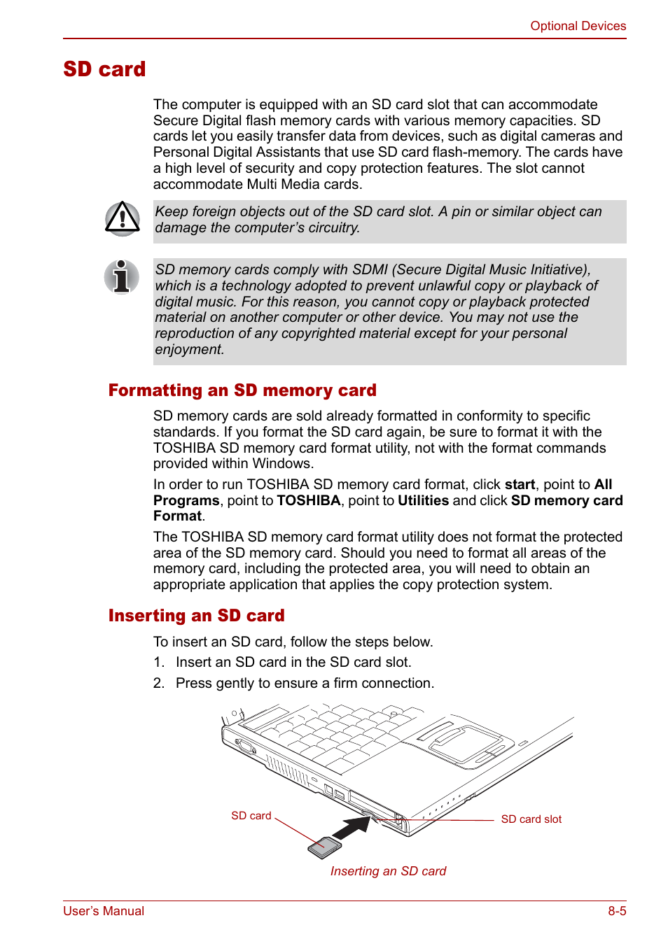 Sd card, Sd card -5, Inserting an sd card | Toshiba M5 User Manual | Page 149 / 240