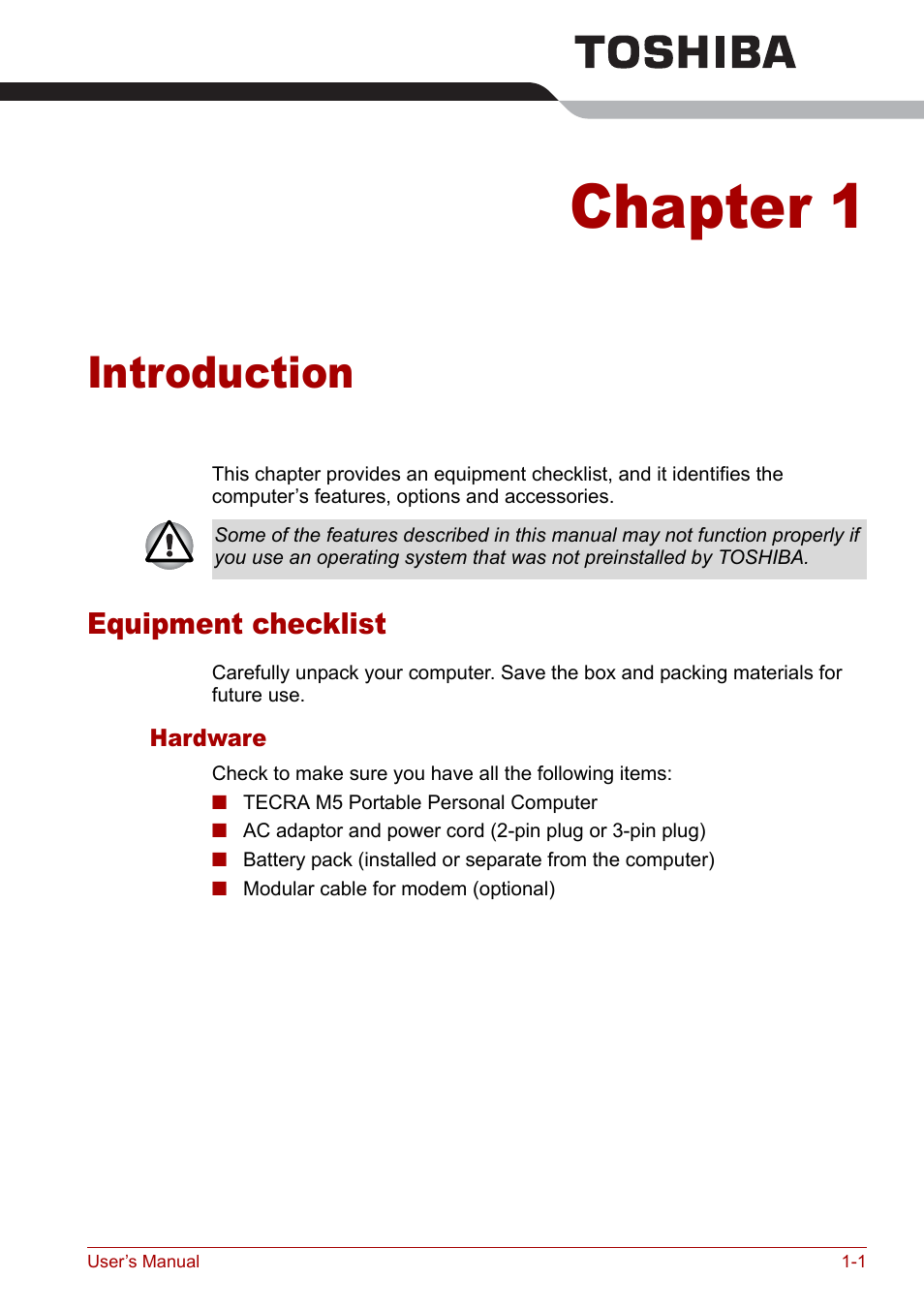 Chapter 1 - introduction, Equipment checklist, Chapter 1 | Introduction, Equipment checklist -1, Is an overvie | Toshiba M5 User Manual | Page 15 / 240