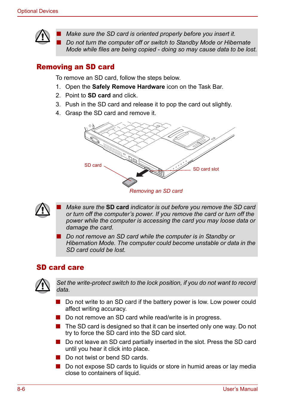 Removing an sd card, Sd card care | Toshiba M5 User Manual | Page 150 / 240