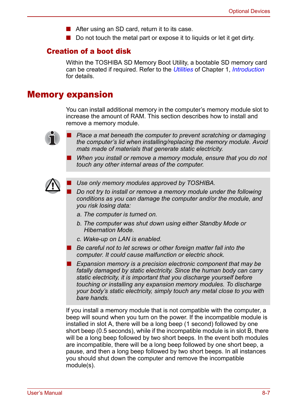 Memory expansion, Memory expansion -7, Section in | Creation of a boot disk | Toshiba M5 User Manual | Page 151 / 240