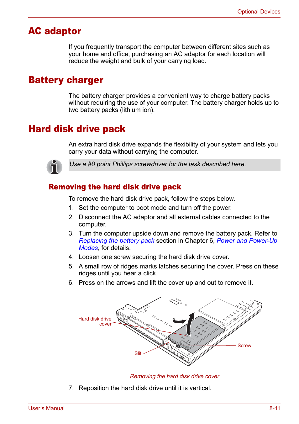 Ac adaptor, Battery charger, Hard disk drive pack | Removing the hard disk drive pack | Toshiba M5 User Manual | Page 155 / 240