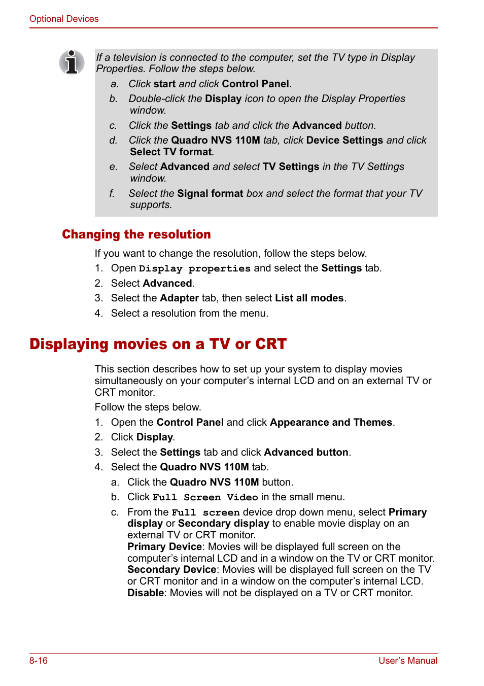 Displaying movies on a tv or crt, Displaying movies on a tv or crt -16, Changing the resolution | Toshiba M5 User Manual | Page 160 / 240