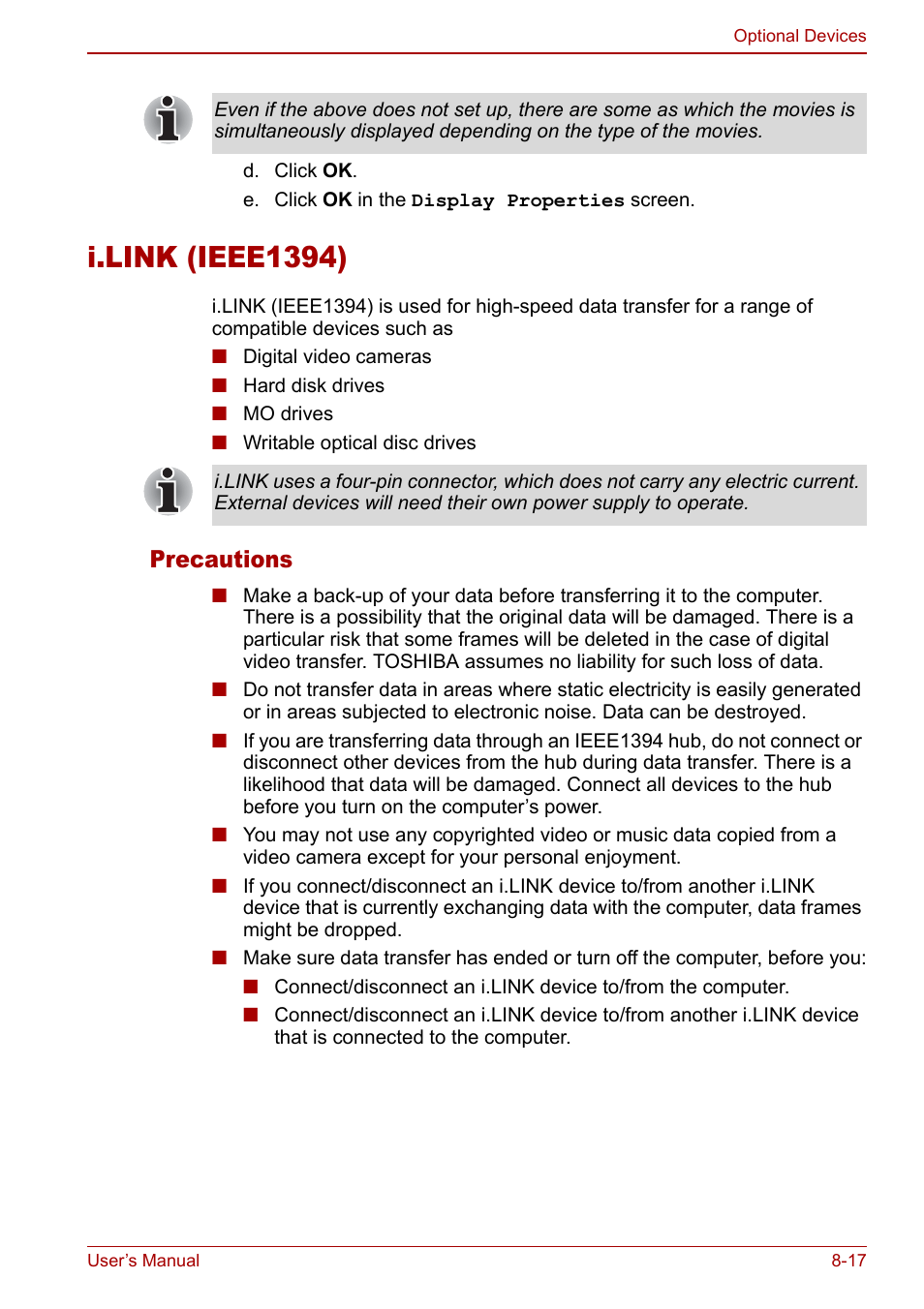 I.link (ieee1394), I.link (ieee1394) -17, Precautions | Toshiba M5 User Manual | Page 161 / 240