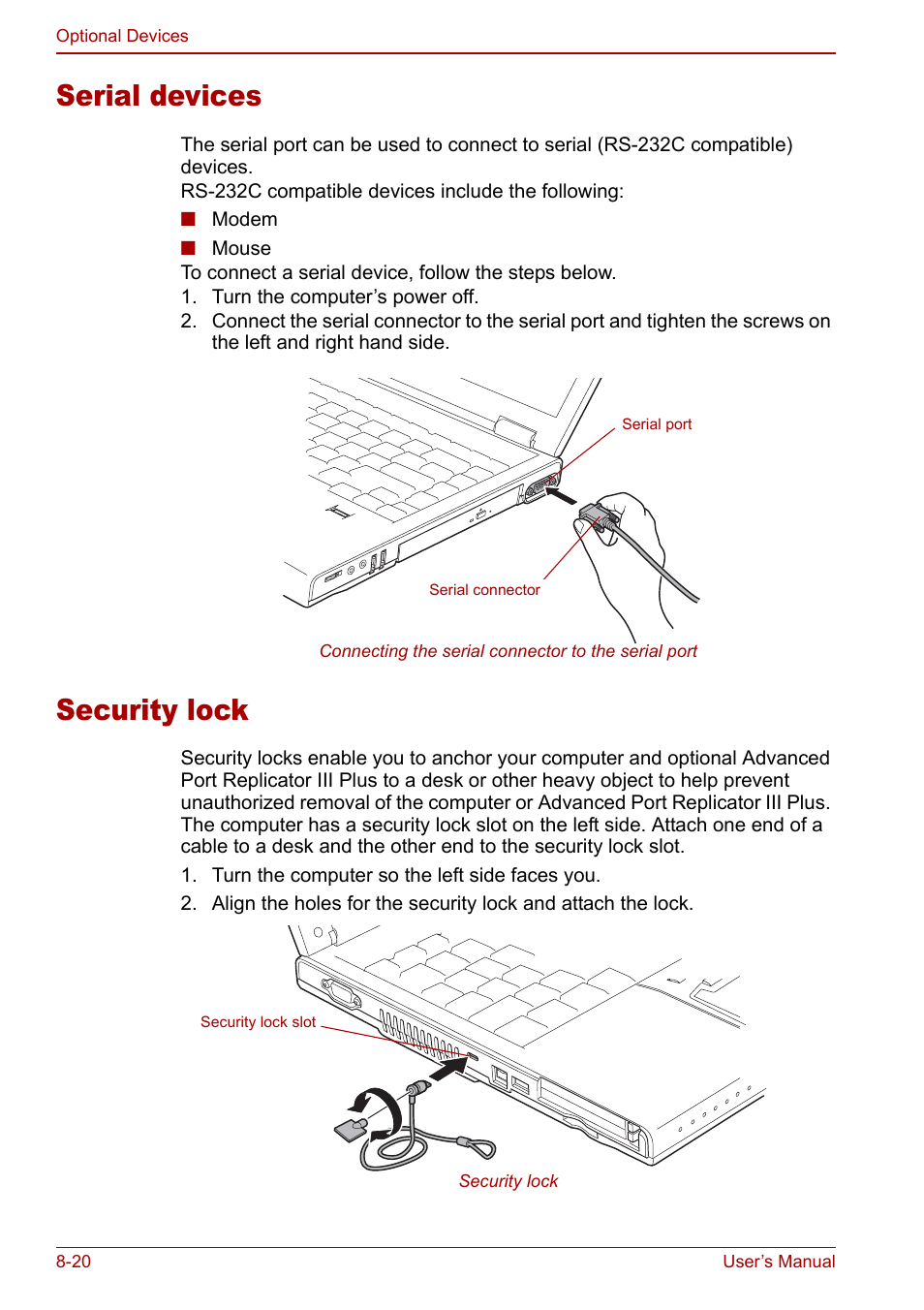 Serial devices, Security lock, Serial devices -20 security lock -20 | Toshiba M5 User Manual | Page 164 / 240