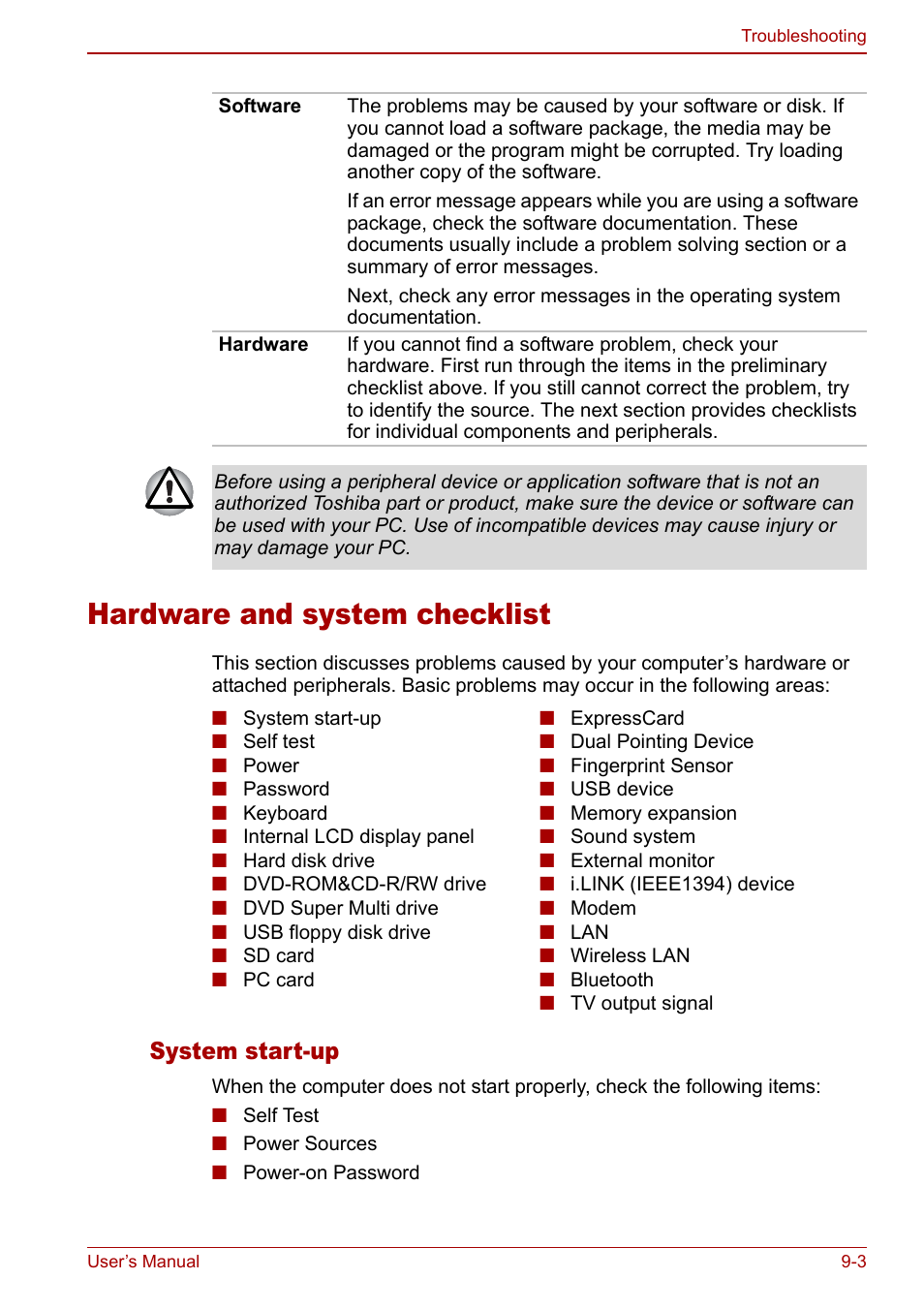 Hardware and system checklist, Hardware and system checklist -3, System start-up | Toshiba M5 User Manual | Page 167 / 240