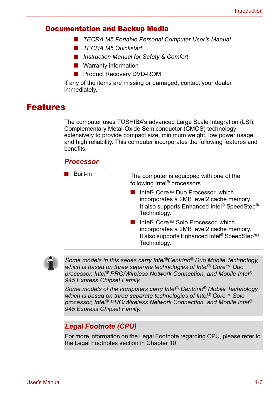 Features, Features -3, Documentation and backup media | Processor | Toshiba M5 User Manual | Page 17 / 240